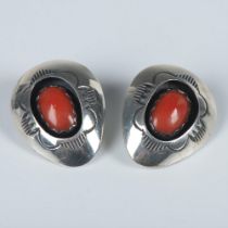 T. Goodluck Navajo Sterling & Coral Shadow Box Clip Earrings