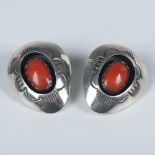 T. Goodluck Navajo Sterling & Coral Shadow Box Clip Earrings