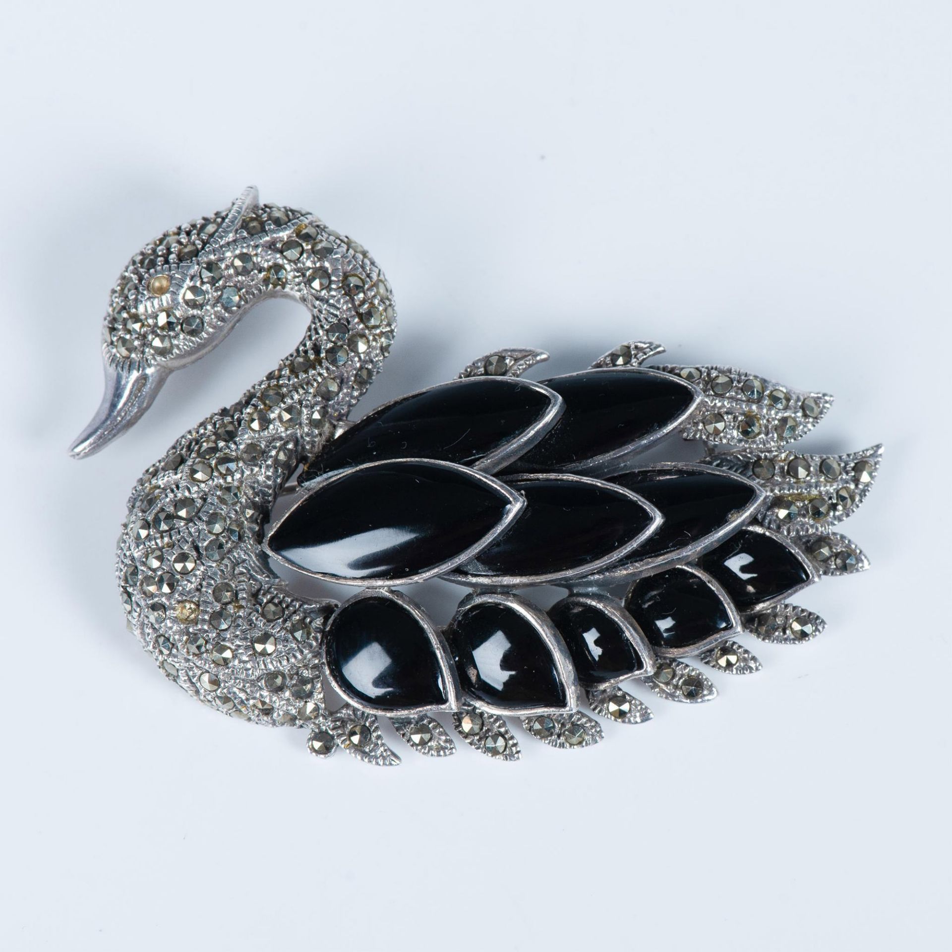 Sterling Silver Marcasite and Onyx Swan Brooch