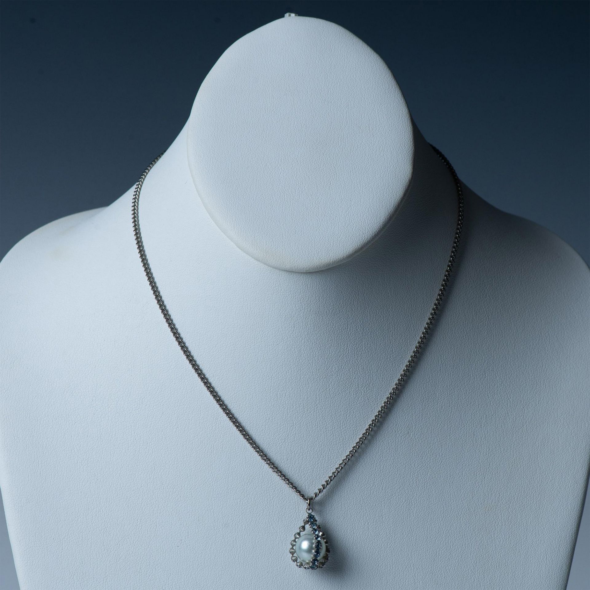 Elegant Faux Pearl and Blue Rhinestone Necklace - Image 2 of 6