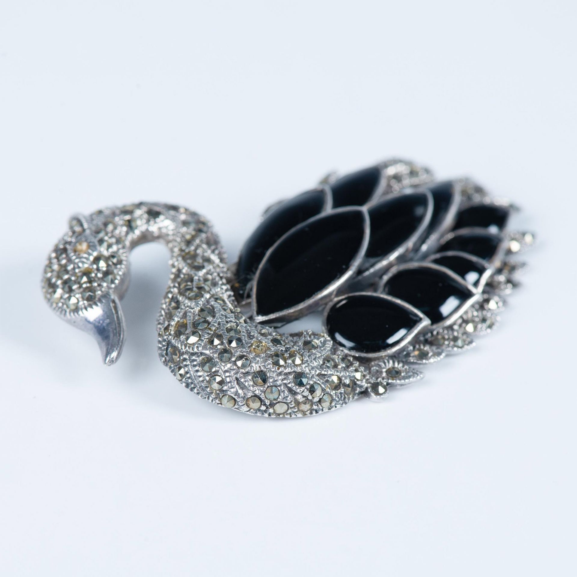 Sterling Silver Marcasite and Onyx Swan Brooch - Image 3 of 4