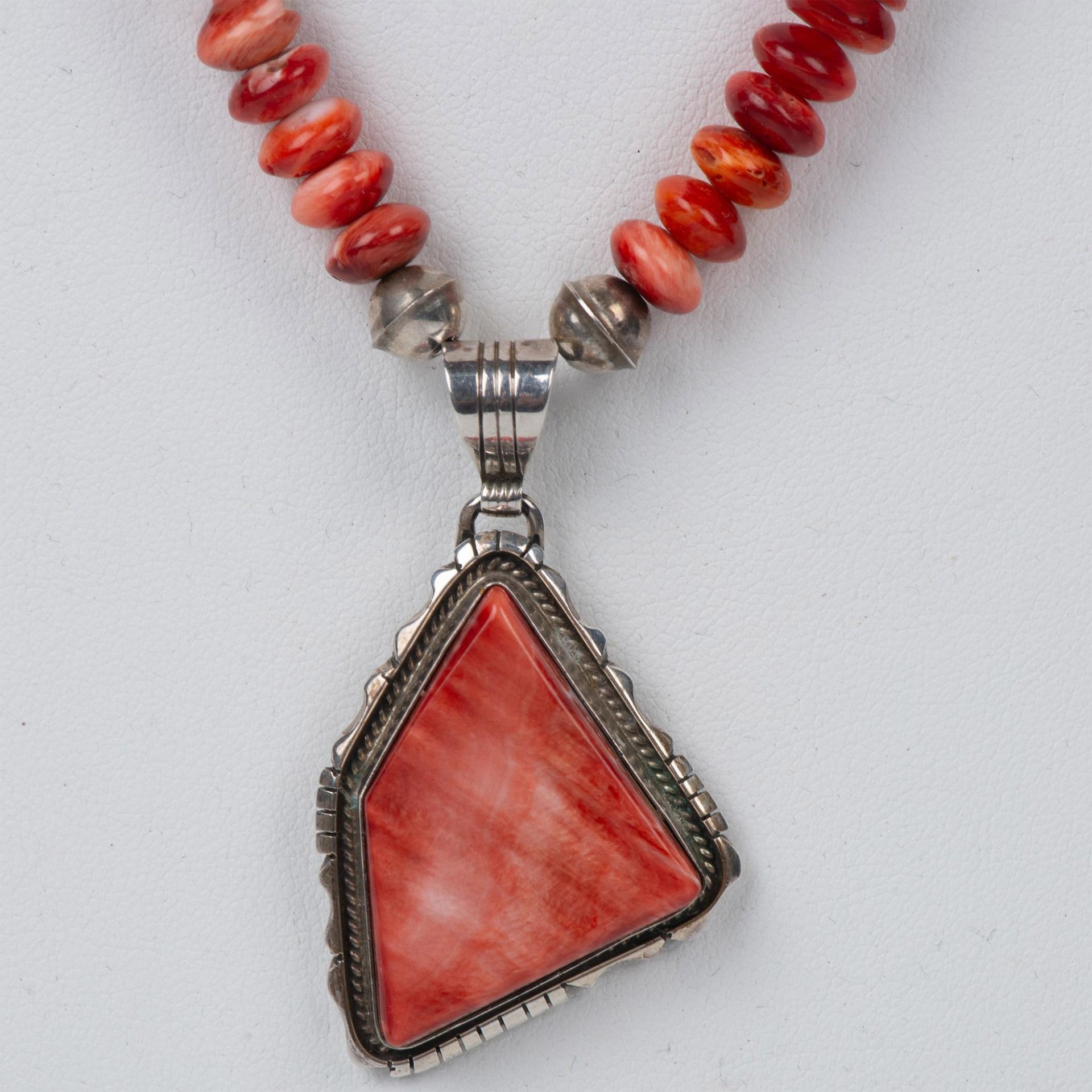 Navajo Ted Etsitty Sterling & Red Spiny Oyster Necklace - Image 2 of 5