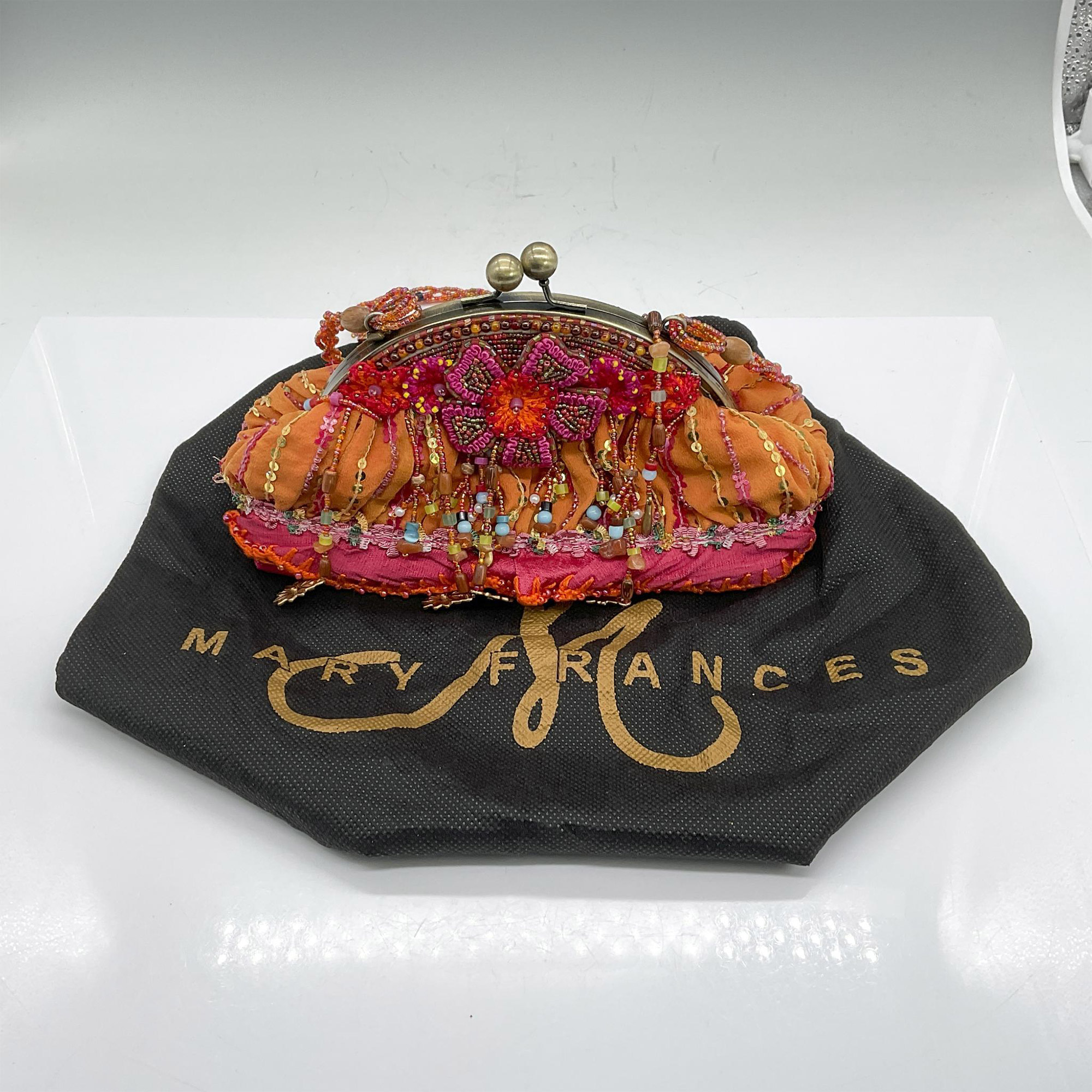 Mary Frances Satin and Silk Handbag, Orange/Fuchsia - Image 5 of 5