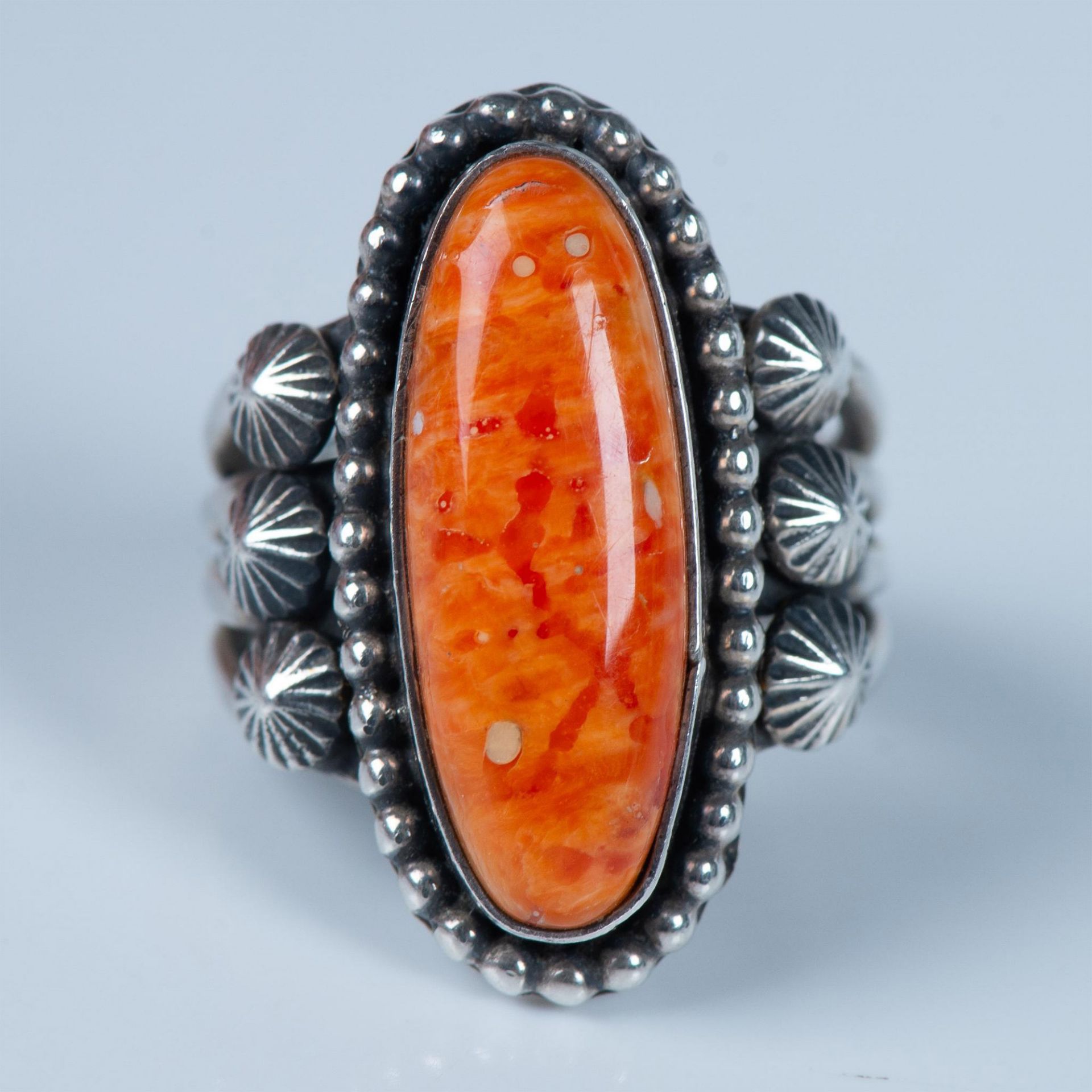 Jeanette Dale Navajo Sterling Silver & Orange Cabochon Ring - Bild 2 aus 6