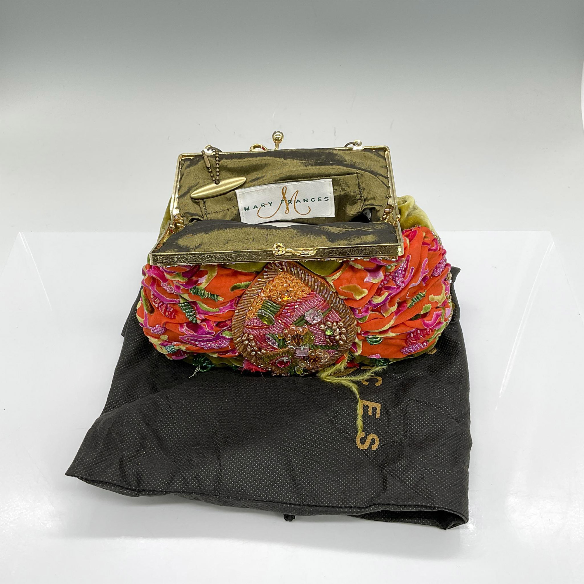 Mary Frances Velvet and Silk Handbag, Olive/Orange/Fuchsia - Image 3 of 3