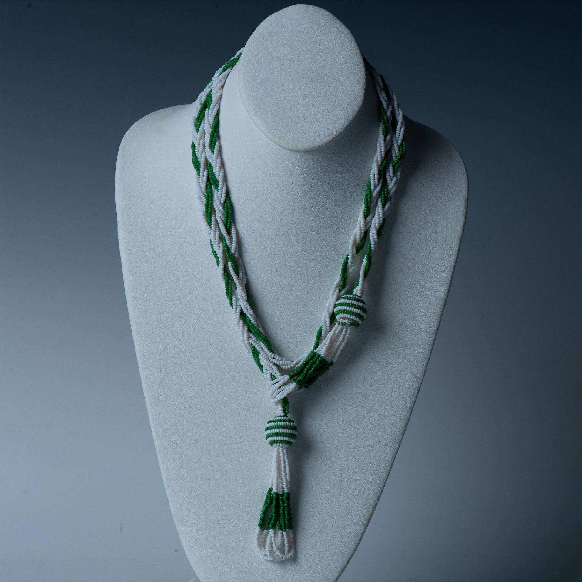 Retro Green & White Beaded Tassel Lariat Necklace - Bild 2 aus 5