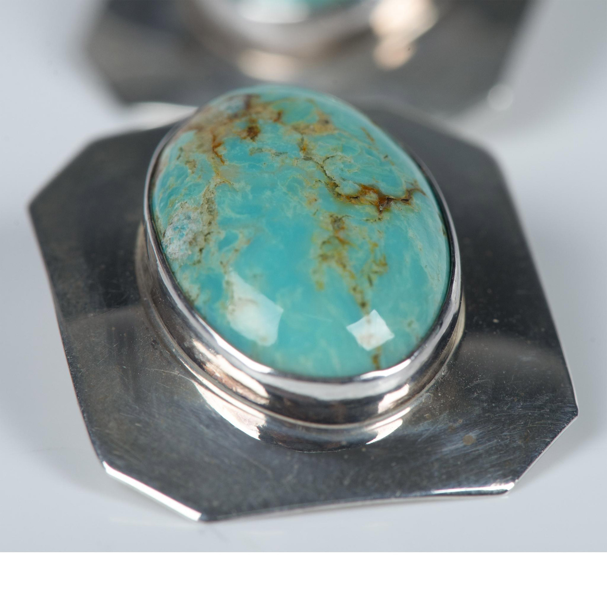 Native American Chunky Sterling & Turquoise Clip-On Earrings - Image 2 of 5