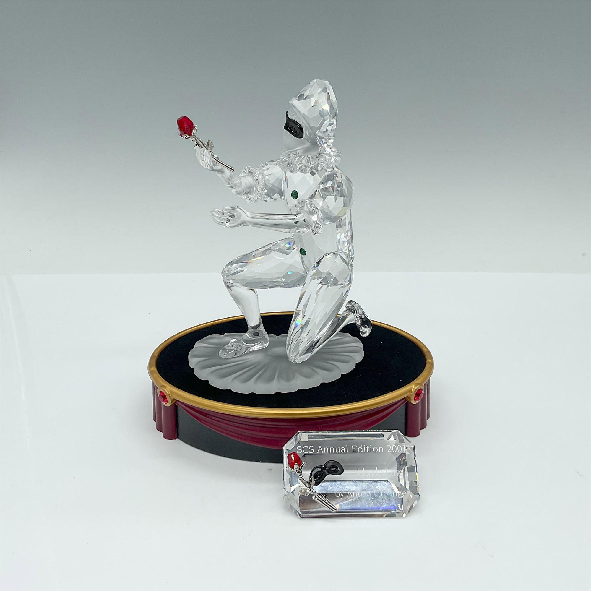 3pc Swarovski Crystal Figurine, Harlequin, Plaque, & Base