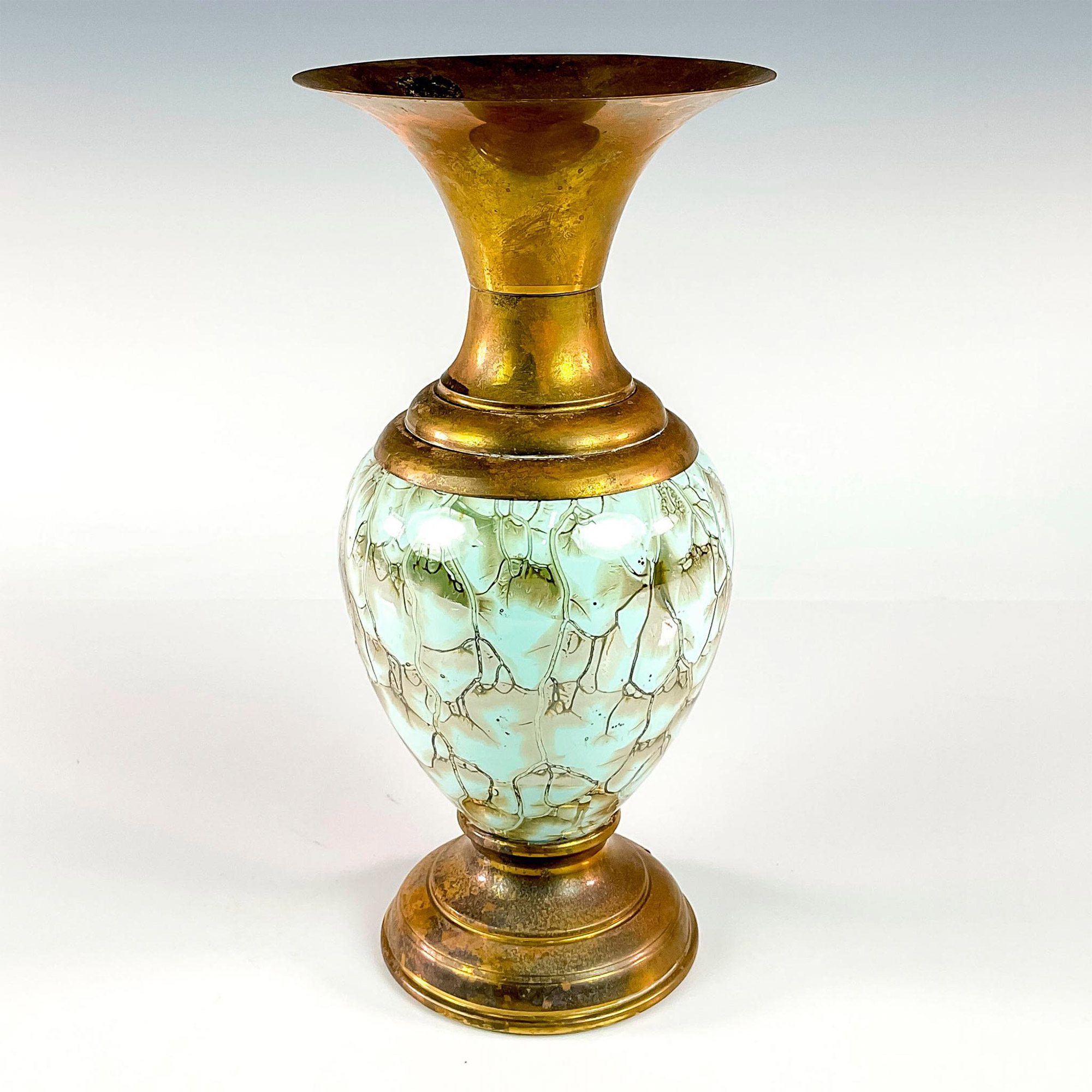 Mid-Century Modern Delft Brass Base Marbled Glaze Vase - Image 2 of 3