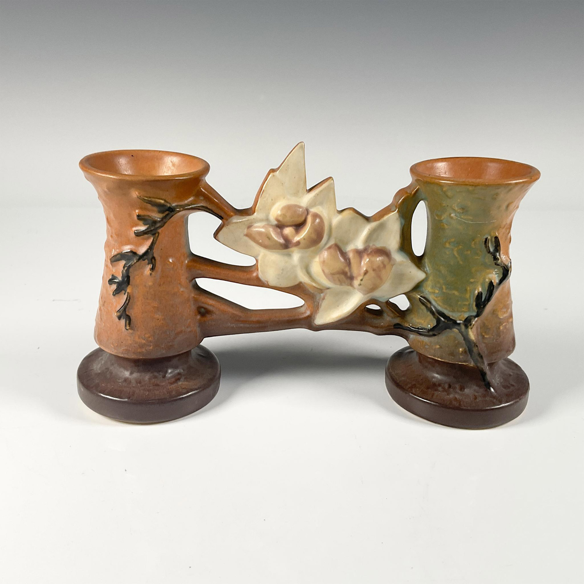 Roseville Pottery, Brown Magnolia Double Bud Vase 186 - Image 2 of 3