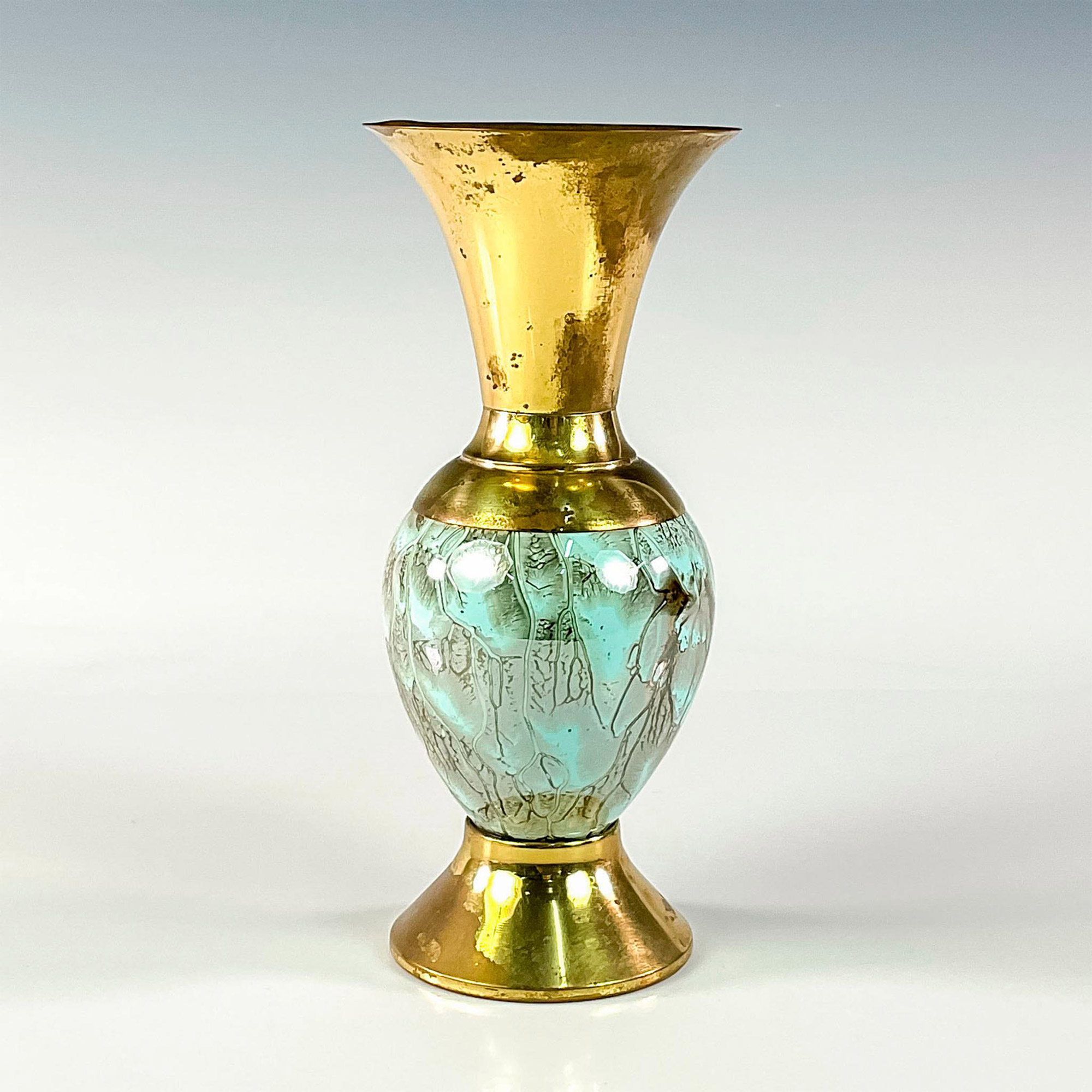 Vintage Delft Aqua Blue Marbled Brass Footed Vase