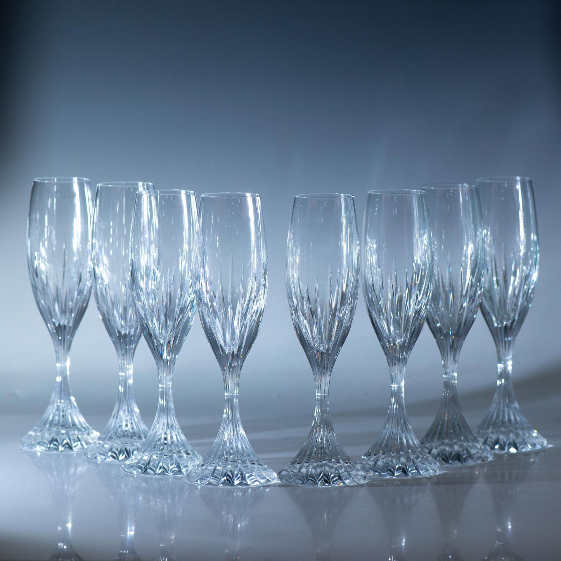 9pc Baccarat Crystal Champagne Flutes, Massena Pattern