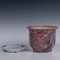 2pc Chinese Planter w/Underplate, Cherry Blossoms, Birds