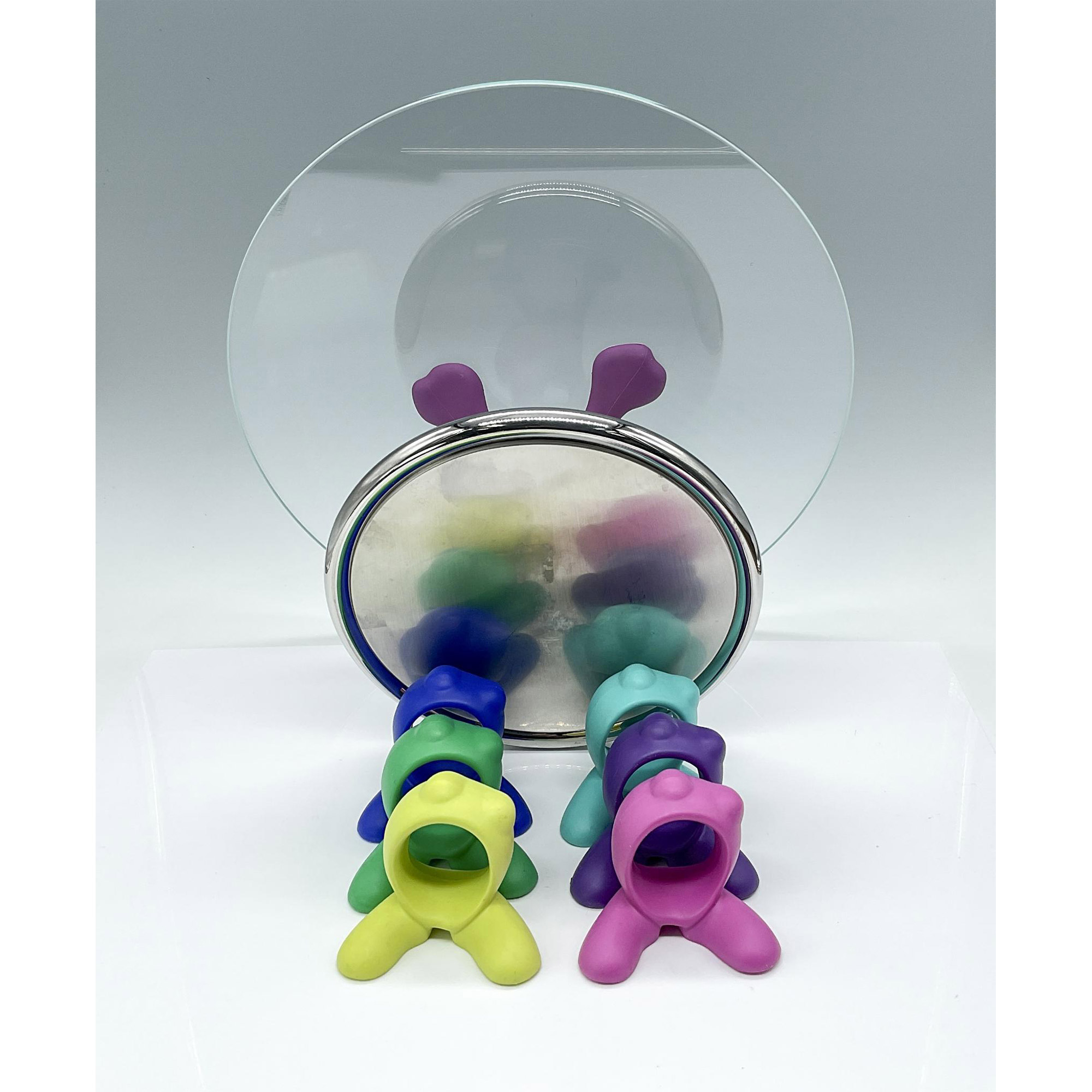7pc Alessi Colorful Napkin Rings and Cake Stand - Image 3 of 4