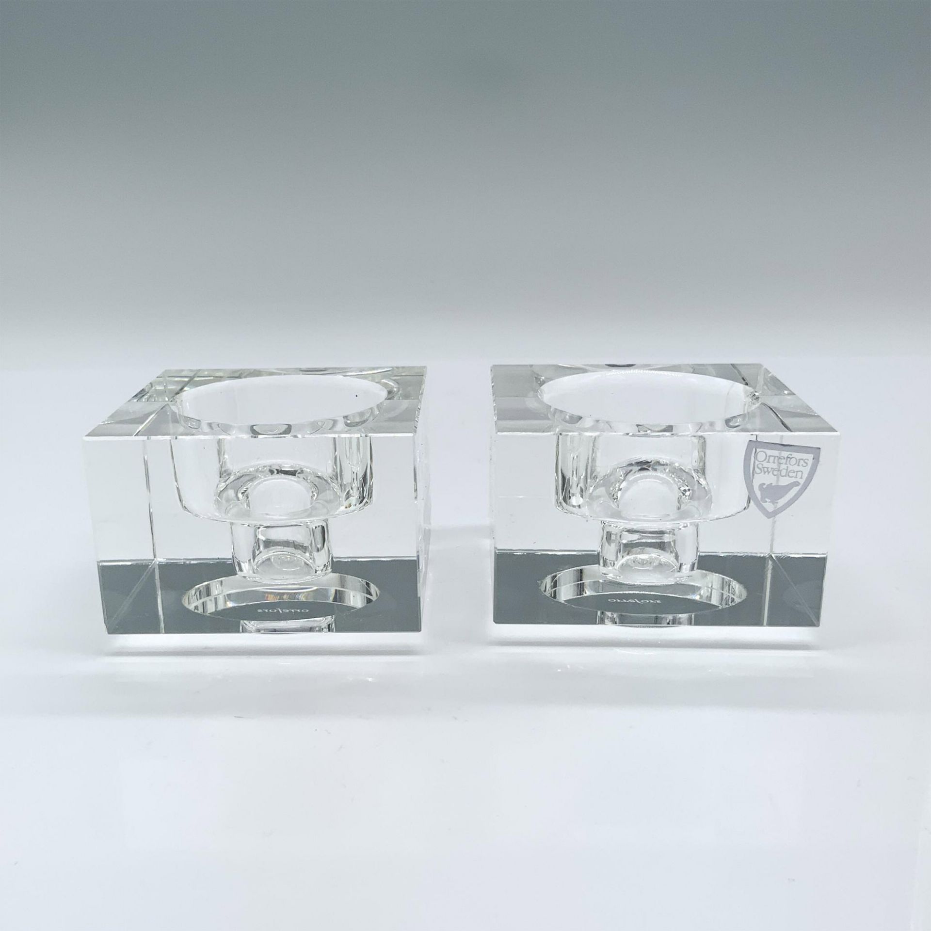 Pair of Orrefors Crystal Totem Balance Candle Holders