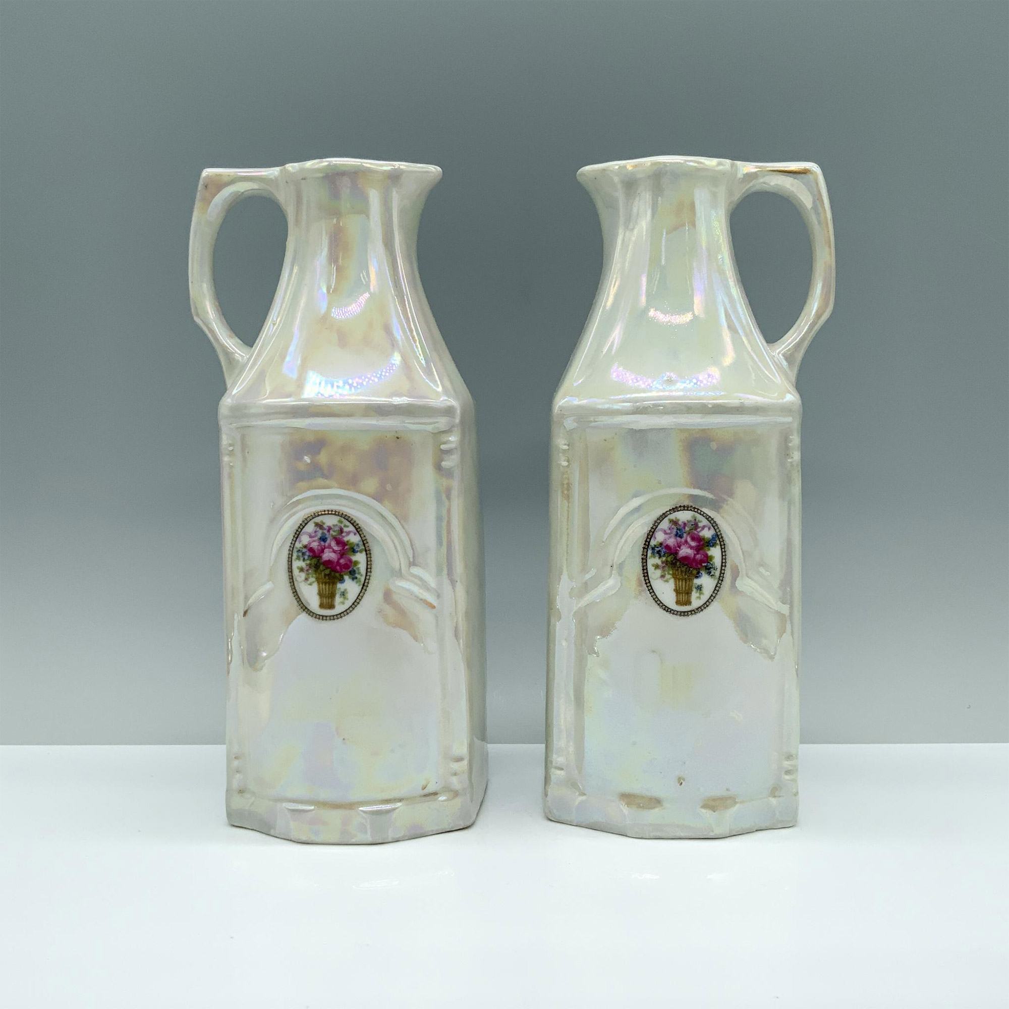 2pc White Block Lusterware Carafes