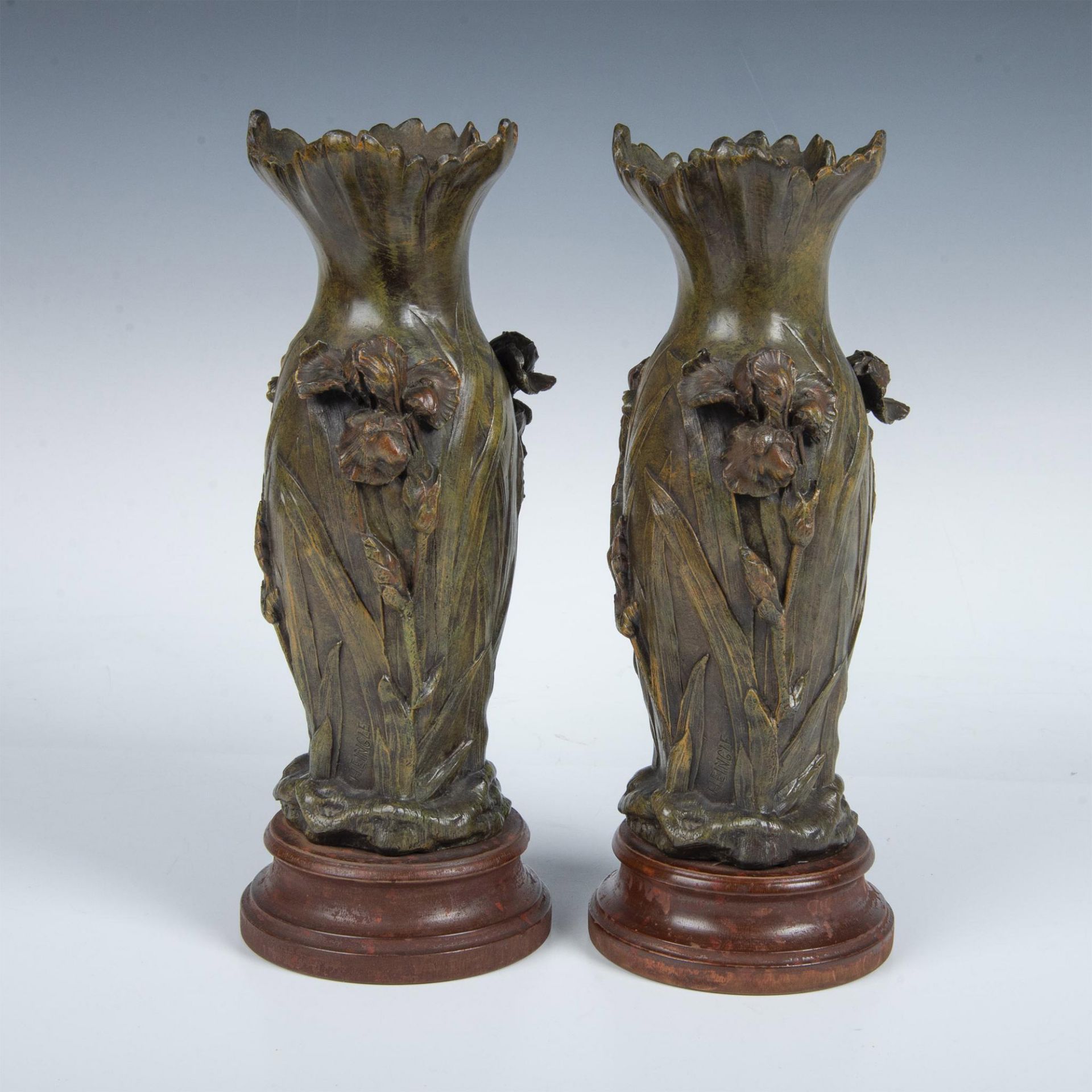Heingle, Pair of Art Nouveau Patinated Bronze Vases, Signed - Image 3 of 5