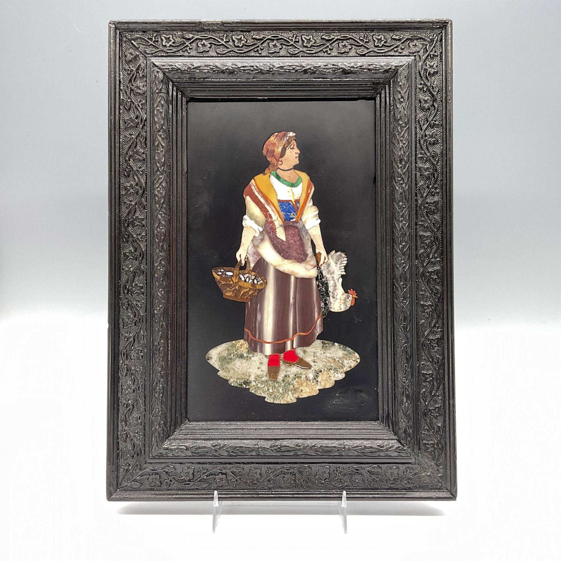 Antique Framed Pietra Dura Plaque, Lady with Chicken