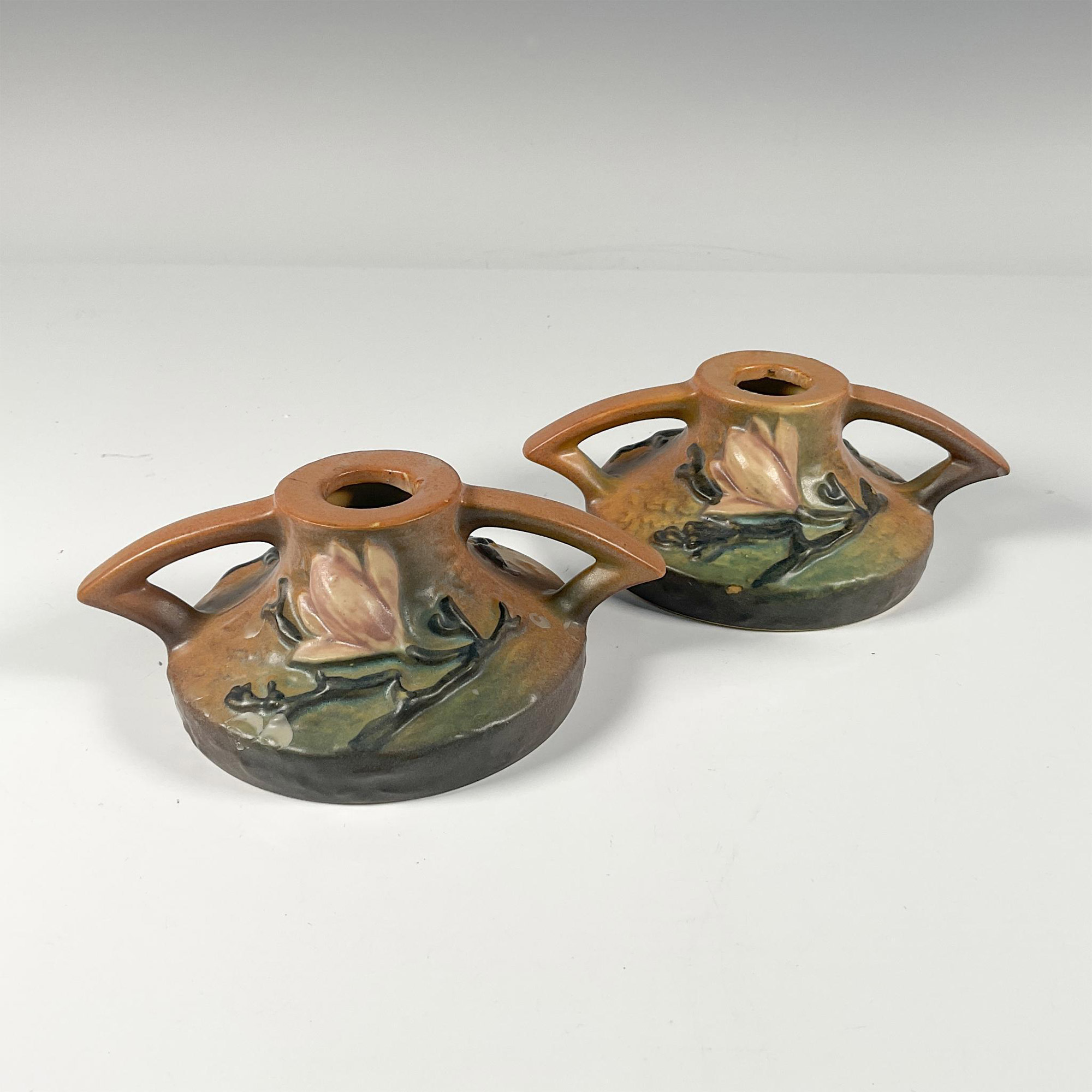 2pc Roseville Pottery, Brown Magnolia Candle Holders 1156 - Image 2 of 3