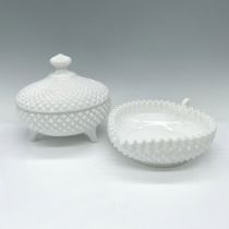 2pc Fenton Milk Glass Dishes, Hobnail and Diamond Pattern