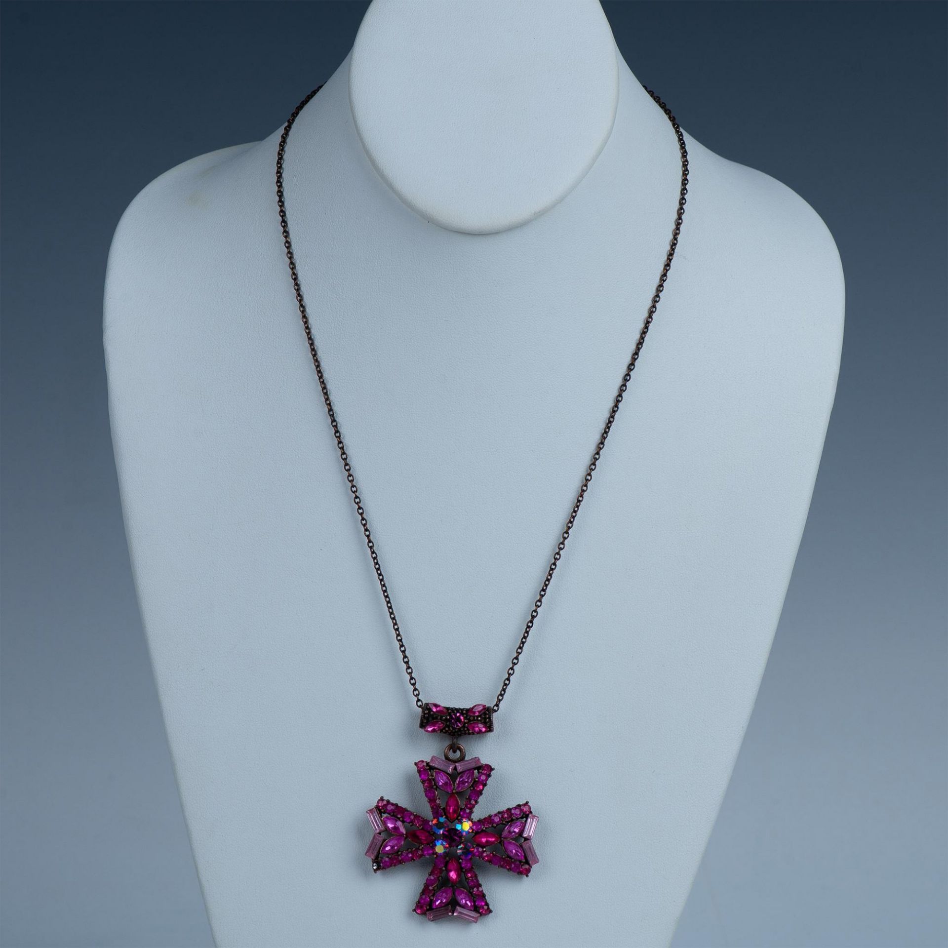 Vintage Pink Rhinestone Maltese Cross Necklace - Image 2 of 5