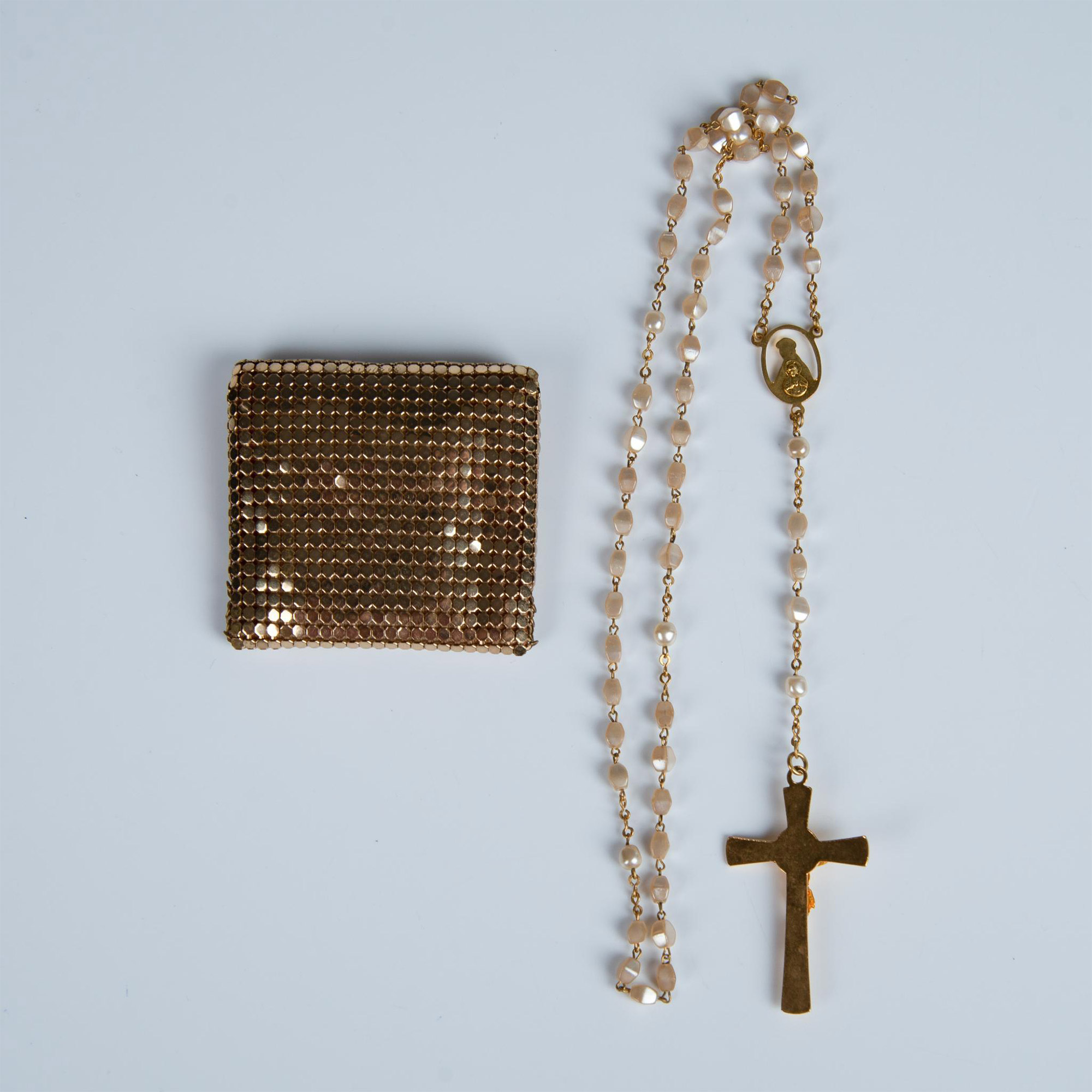 2pc Whiting & Davis Co. Gold Mesh Pouch and Christian Rosary - Image 2 of 4