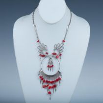 Bohemian Silver Metal Wire & Coral Bead Necklace