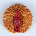 Carved Red & Yellow Bakelite Peacock Dress Scarf Clip