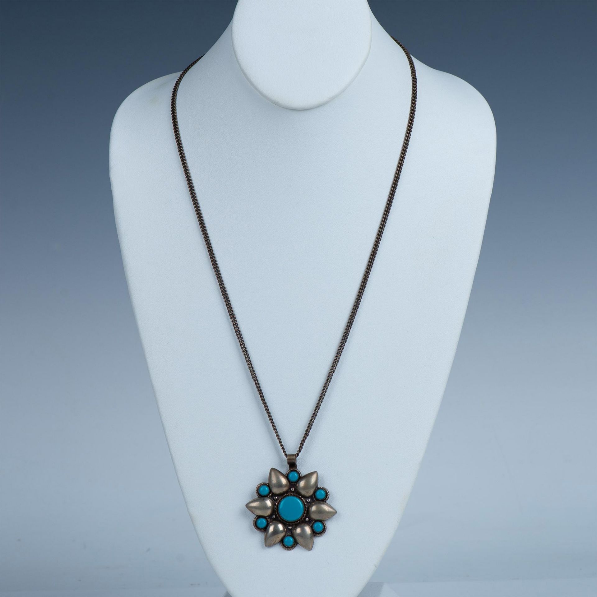 Native American Silver Nickel Faux Turquoise Floral Necklace - Image 2 of 4