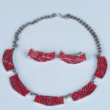 Cute Red Enamel Silver Metal Choker & Clip-On Earrings Set