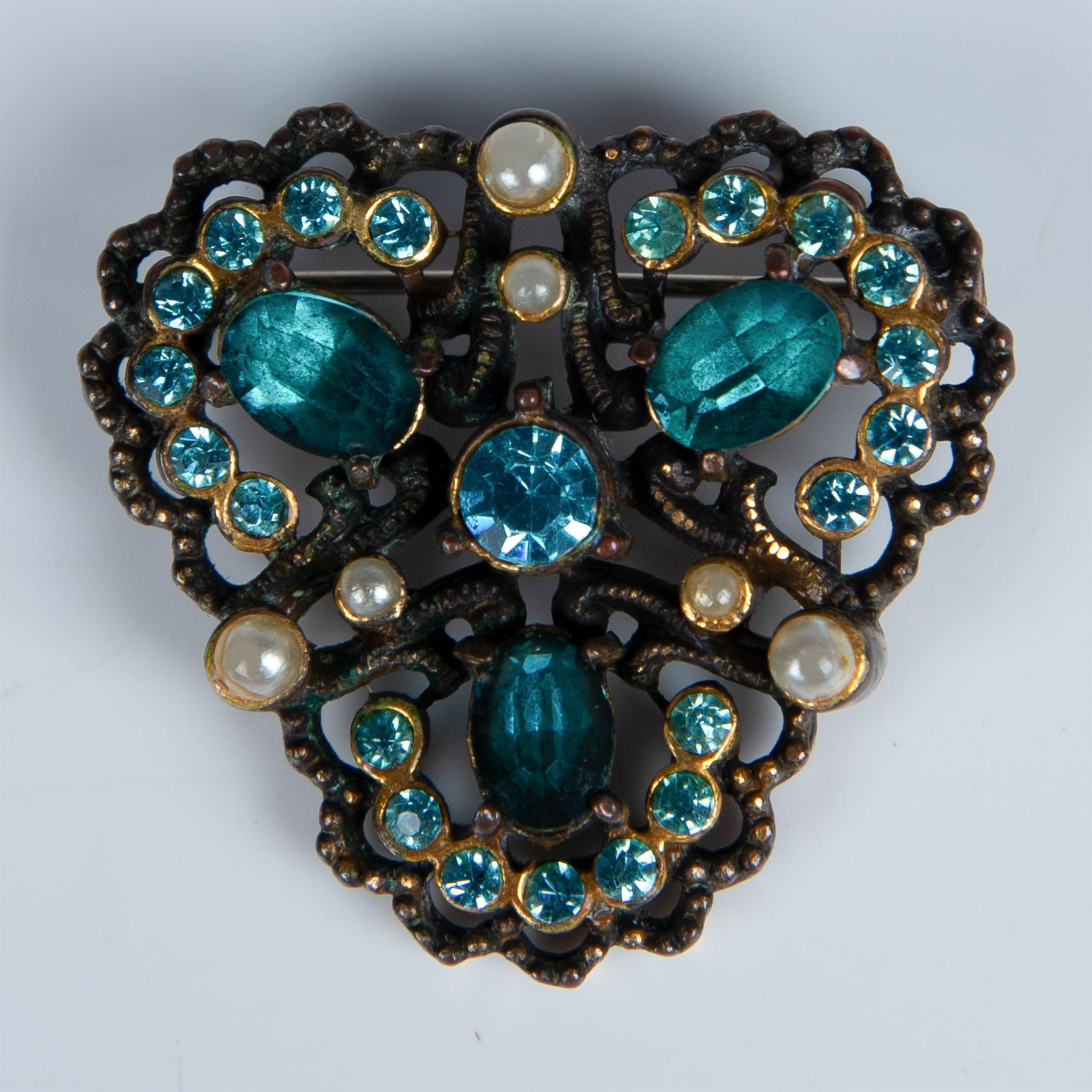Vintage Small Blue Rhinestone and Faux Pearl Brooch