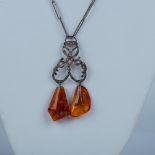 Victorian Amber & Sterling Silver Wire Wrap Necklace