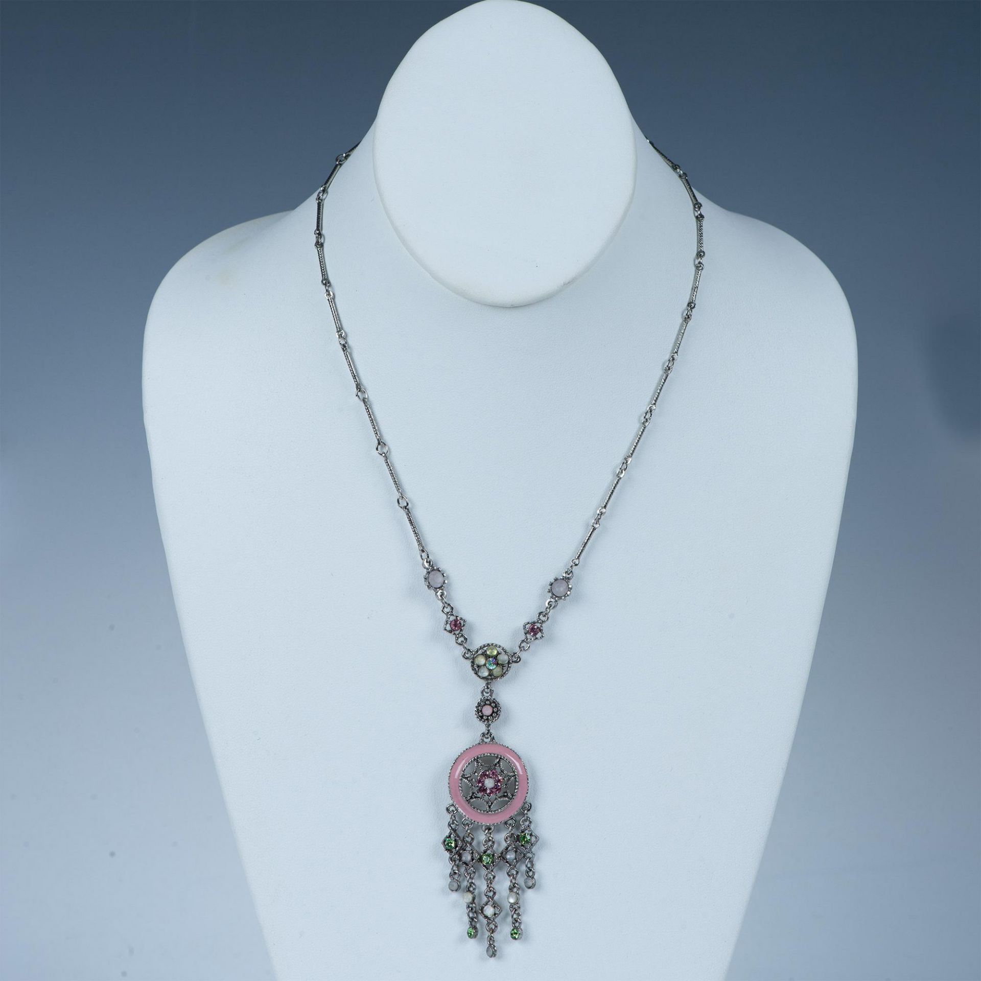 Vintage Silver Tone Rhinestone & Pink Enamel Flower Necklace - Image 2 of 7