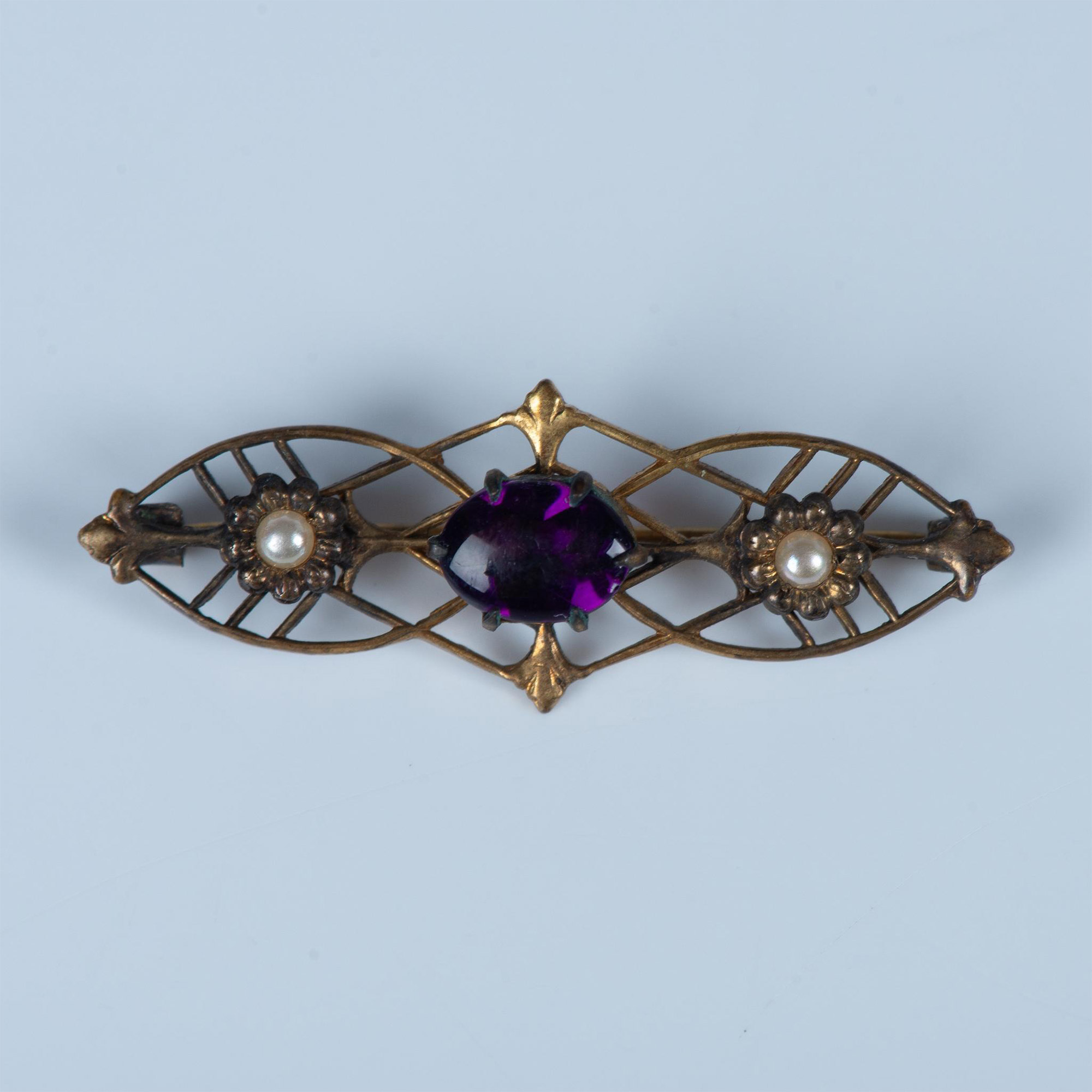 Delicate Vintage Floral Faux Pearl and Purple Stone Brooch