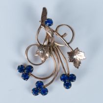 Vintage Gold Metal & Blue Rhinestone Flower Brooch