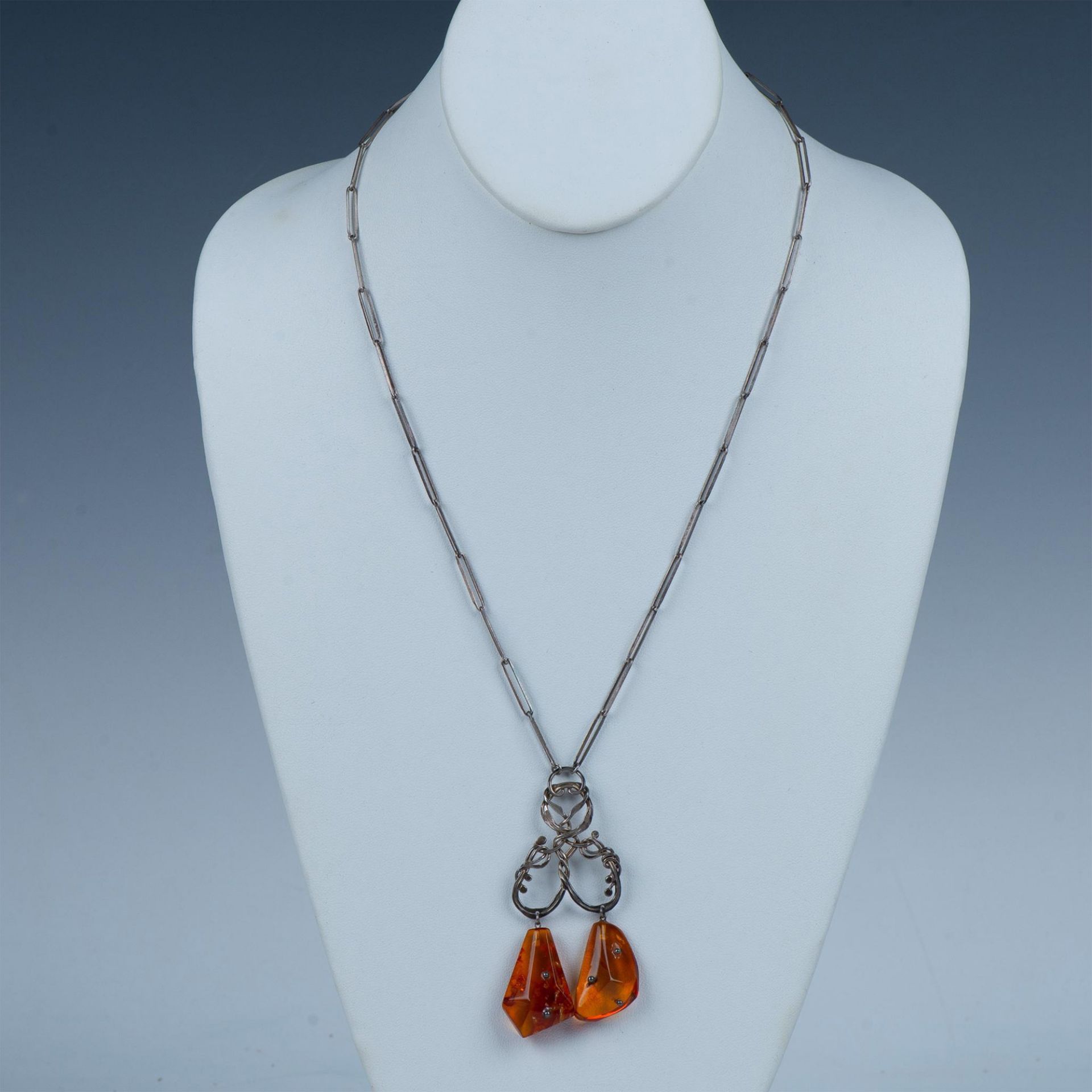 Victorian Amber & Sterling Silver Wire Wrap Necklace - Image 2 of 3