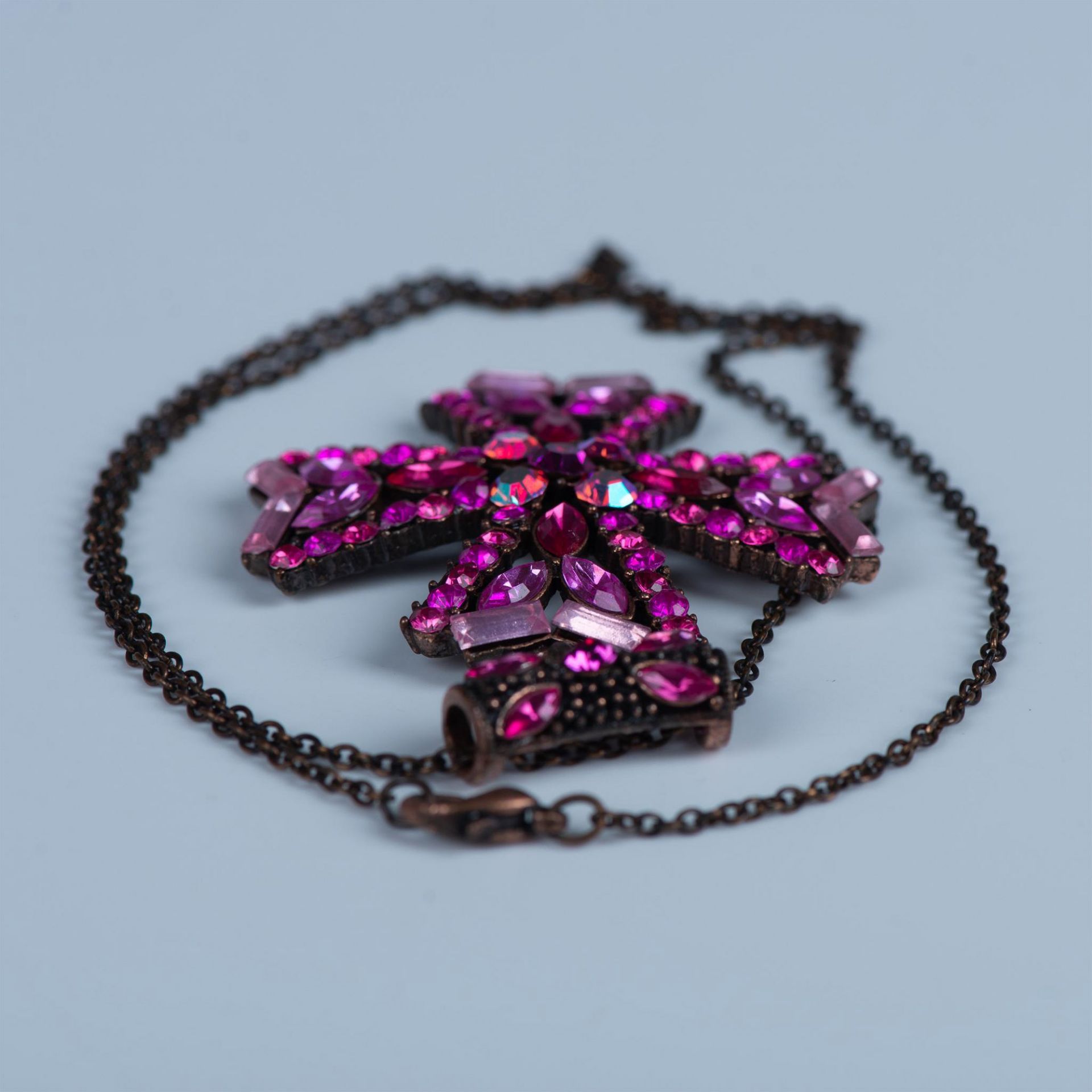 Vintage Pink Rhinestone Maltese Cross Necklace - Image 3 of 5