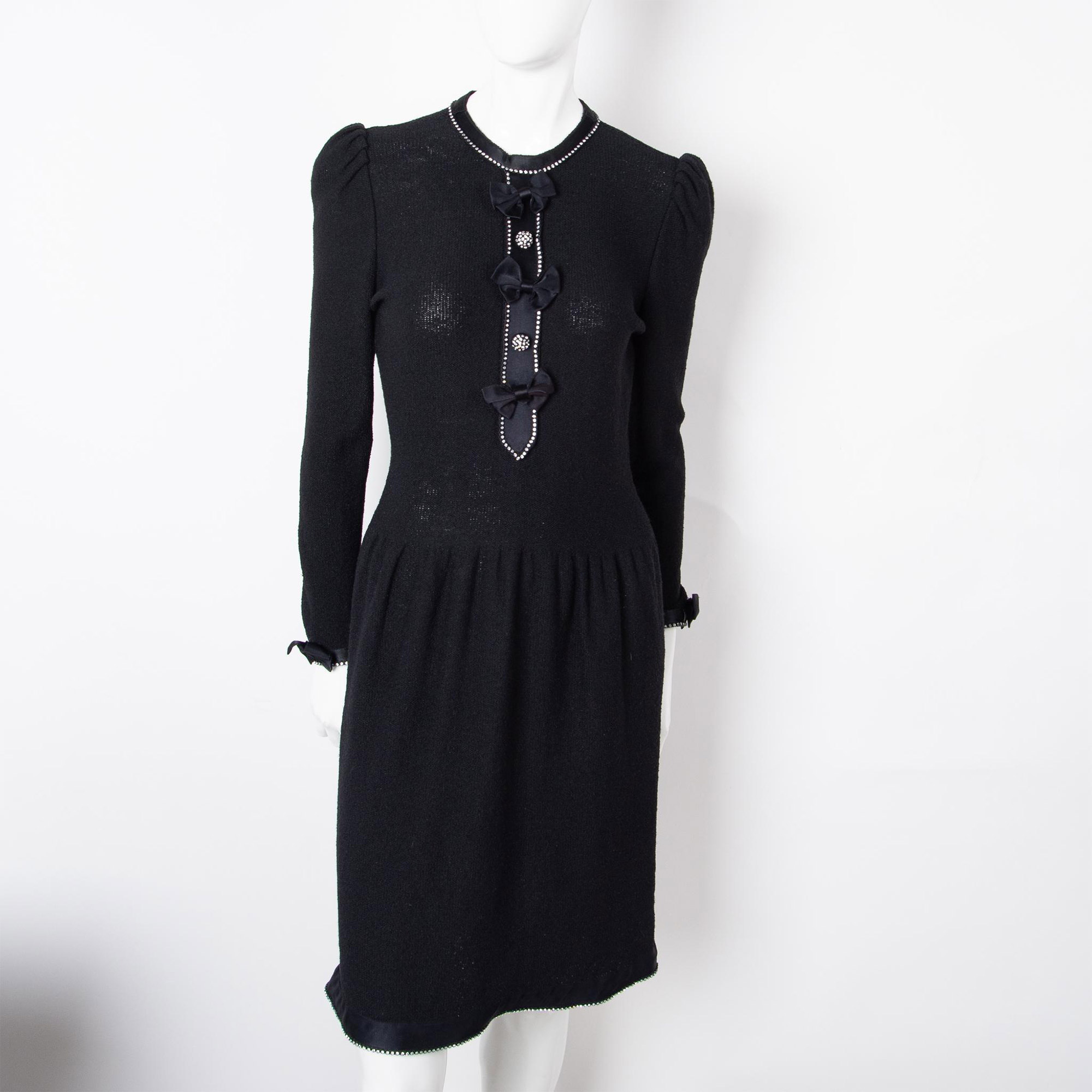 Adolfo for Neiman Marcus Rhinestone & Bow Knit Dress, Size Small