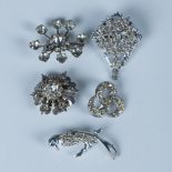 5pc Group of Silver Metal and Rhinestone Costume Brooches