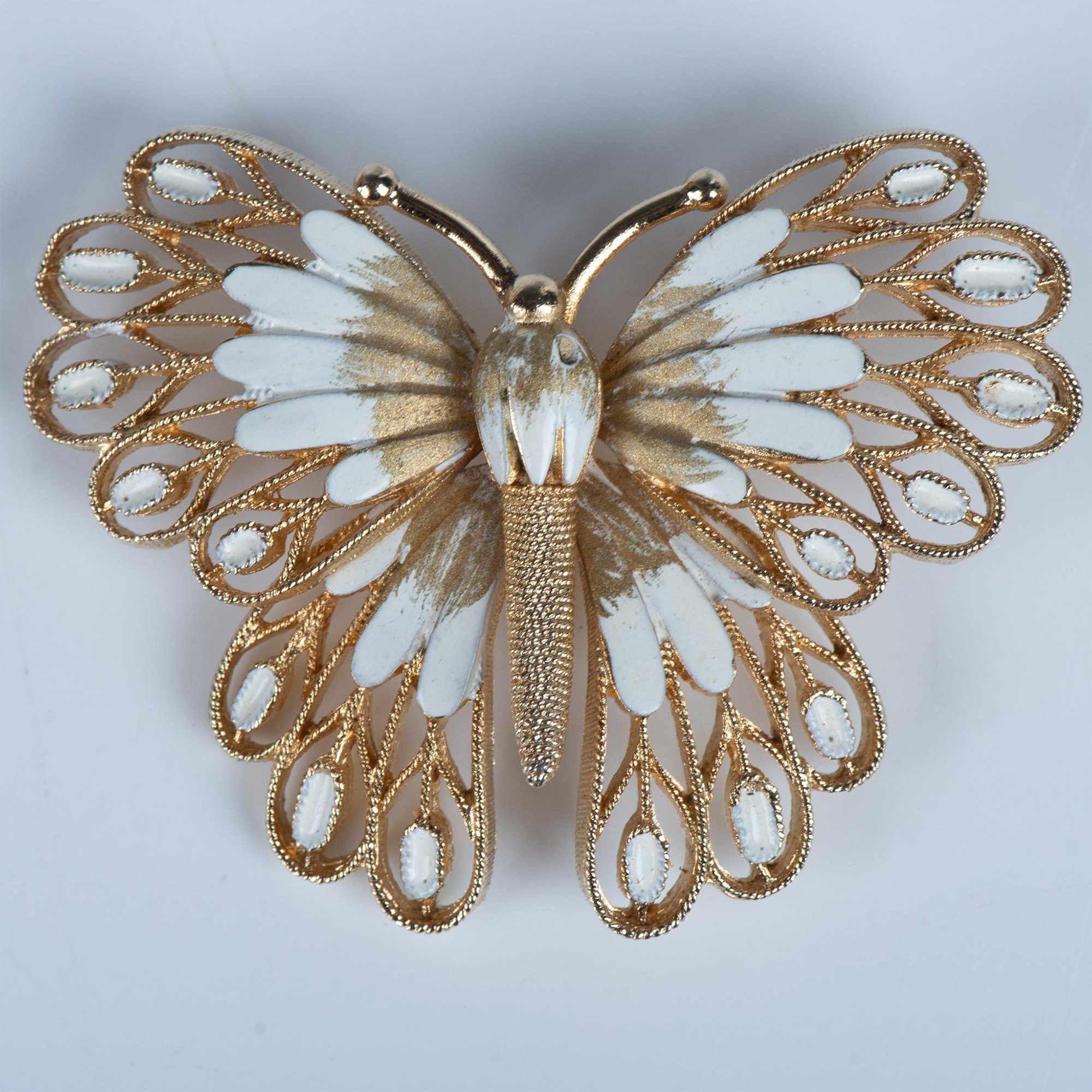 Vendome Gold Tone White Enamel Butterfly Brooch