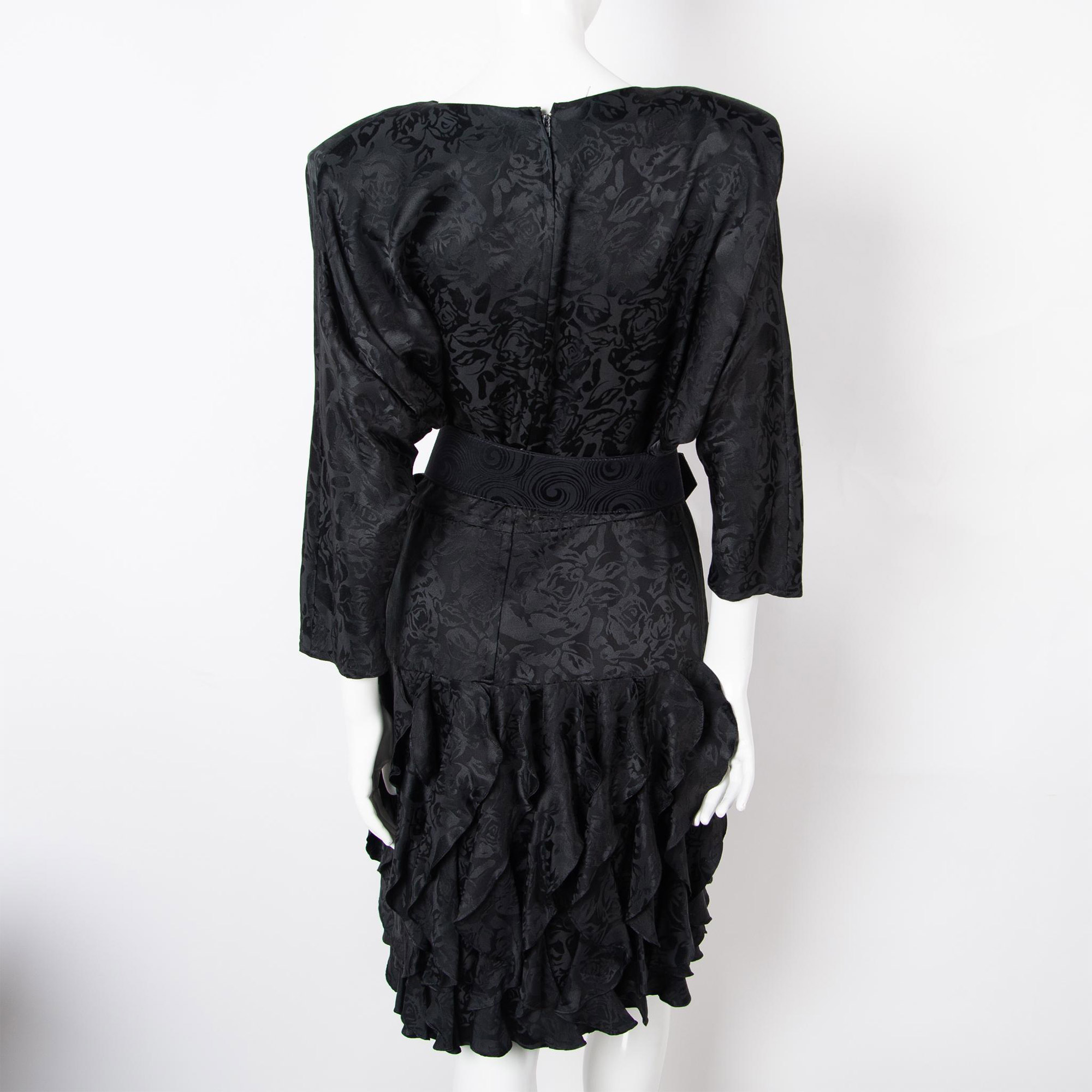 Vintage St. Gillian Black Silk Ruffled Dress, Size 10 - Image 6 of 9