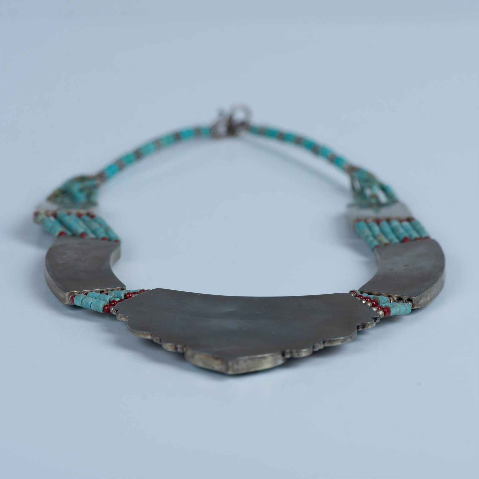 Tibetan Sterling Silver Turquoise & Coral Inlay Necklace - Bild 6 aus 6