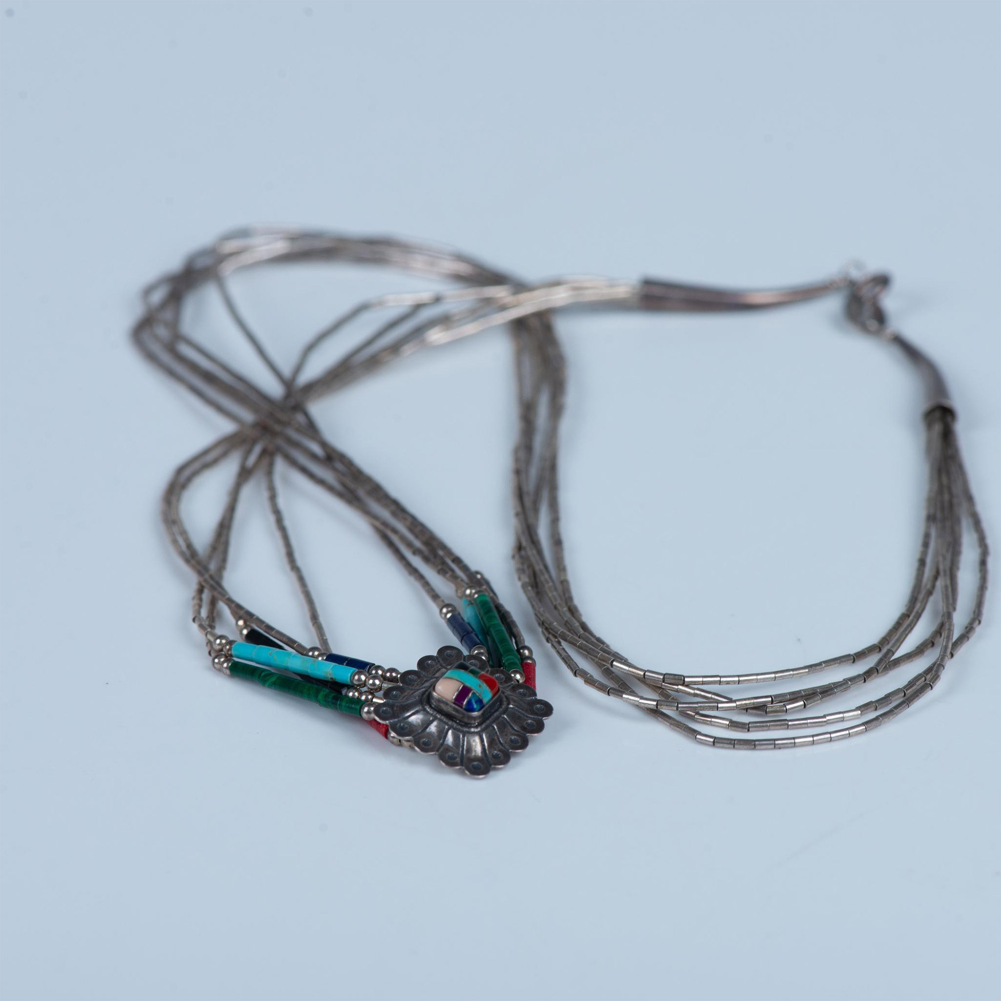 Native American Five Strand Sterling Multi Stone Necklace - Image 3 of 3