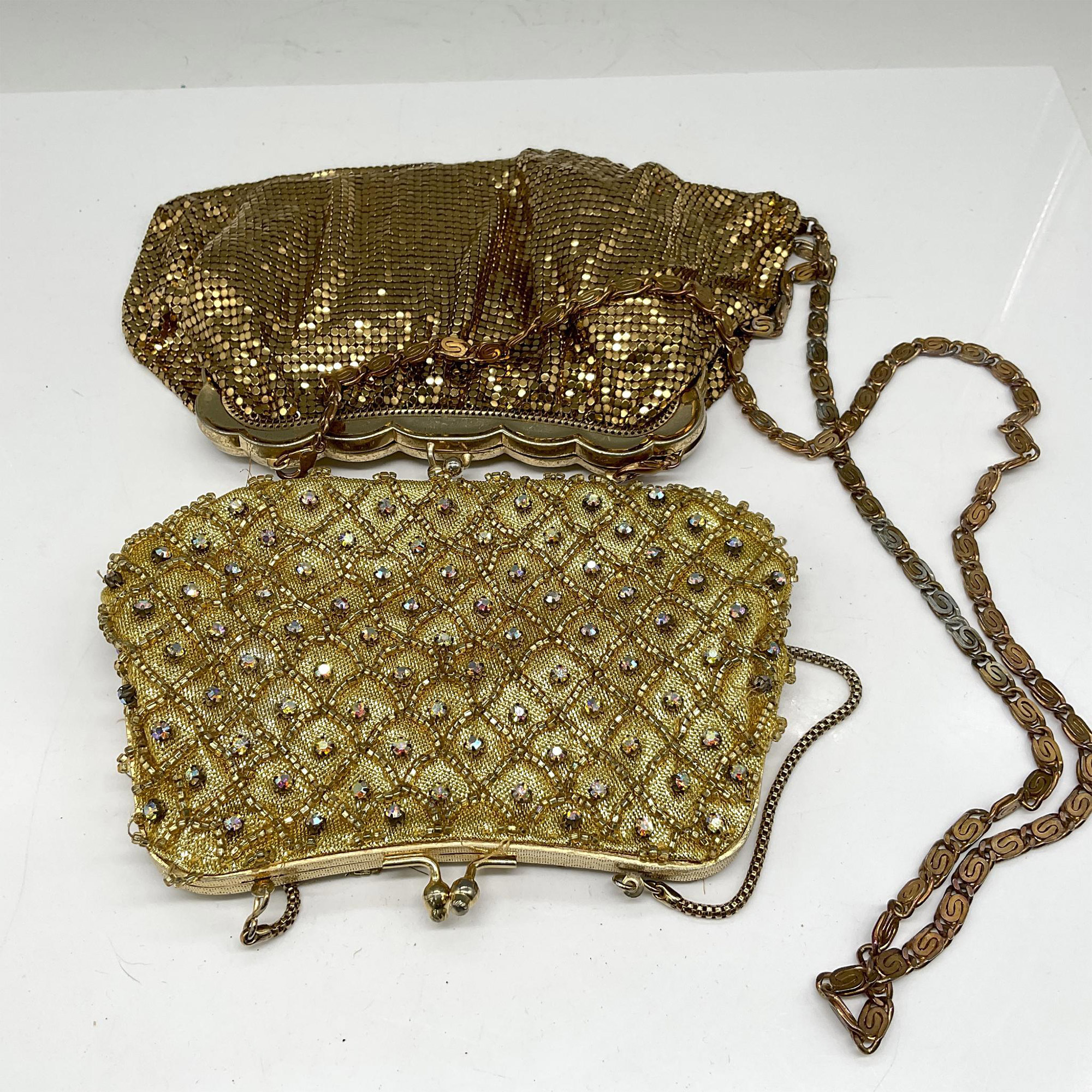 2pc Gold Metal Mesh and Rhinestone Evening Purses - Image 2 of 4