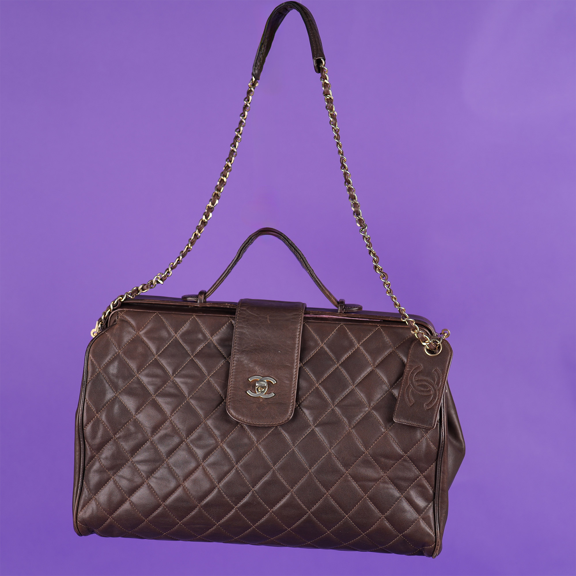 Authentic Chanel Brown Quilted Leather Large Doctor Bag - Image 8 of 13