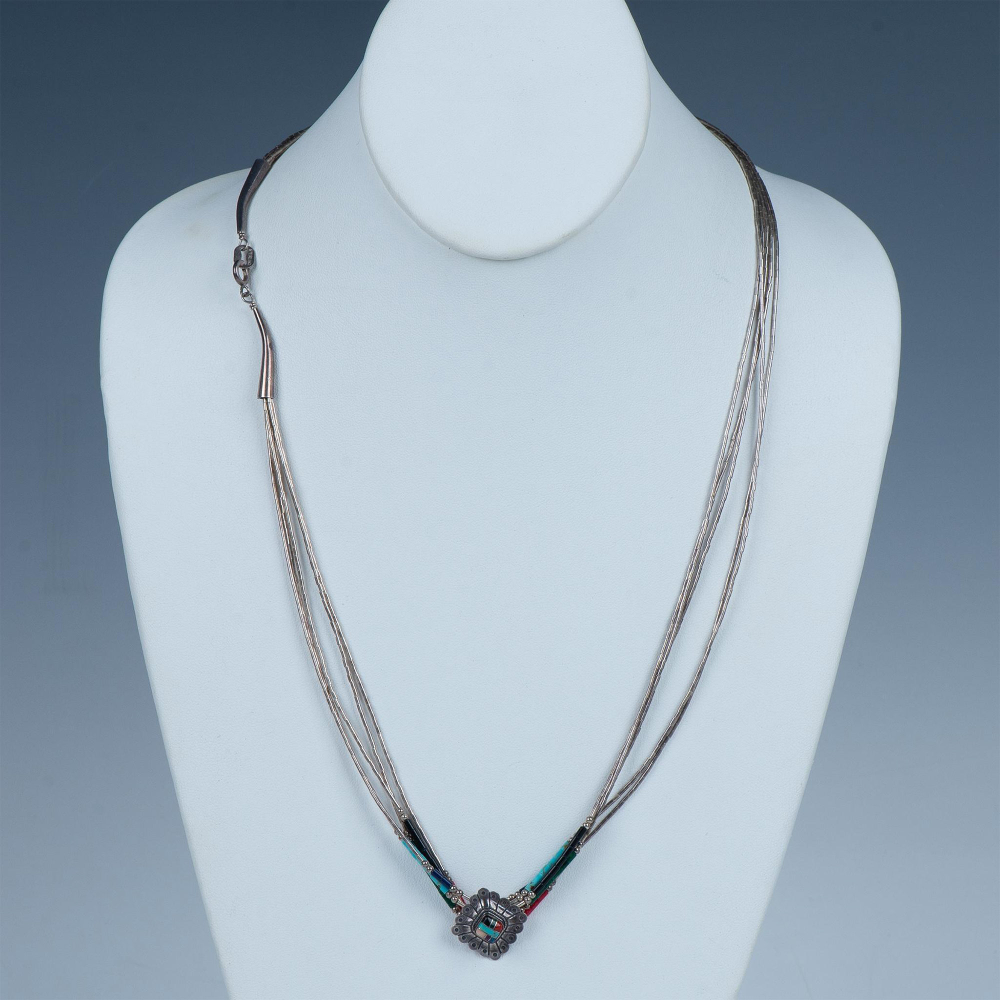 Native American Five Strand Sterling Multi Stone Necklace - Image 2 of 3