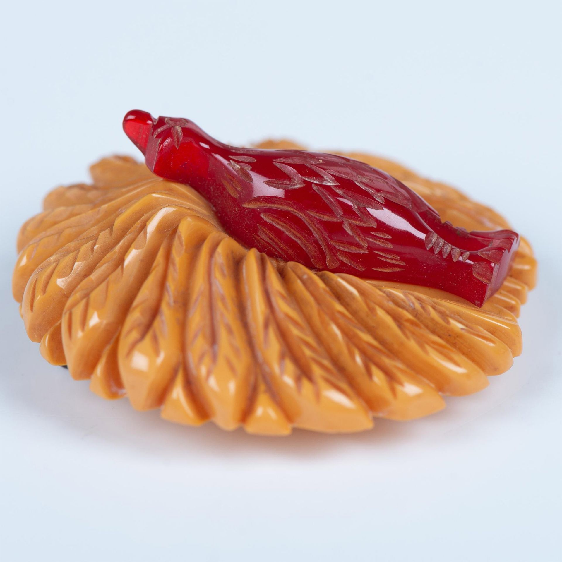 Carved Red & Yellow Bakelite Peacock Dress Scarf Clip - Image 2 of 3