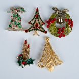 5pc Lot of Festive Christmas Winter Holiday Motif Brooches