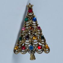 Hollycraft Gold Tone Rhinestone Christmas Tree Brooch