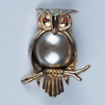 Marslieu 1940s Gold Tone Sterling Owl Brooch